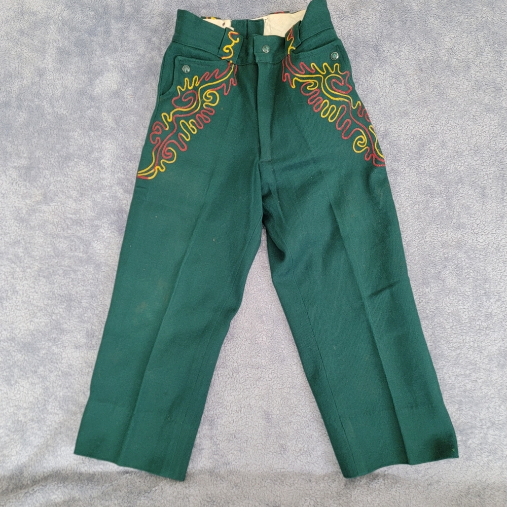 Child's Western pants SZ 8 Green with colorful red and Yellow embroidery
